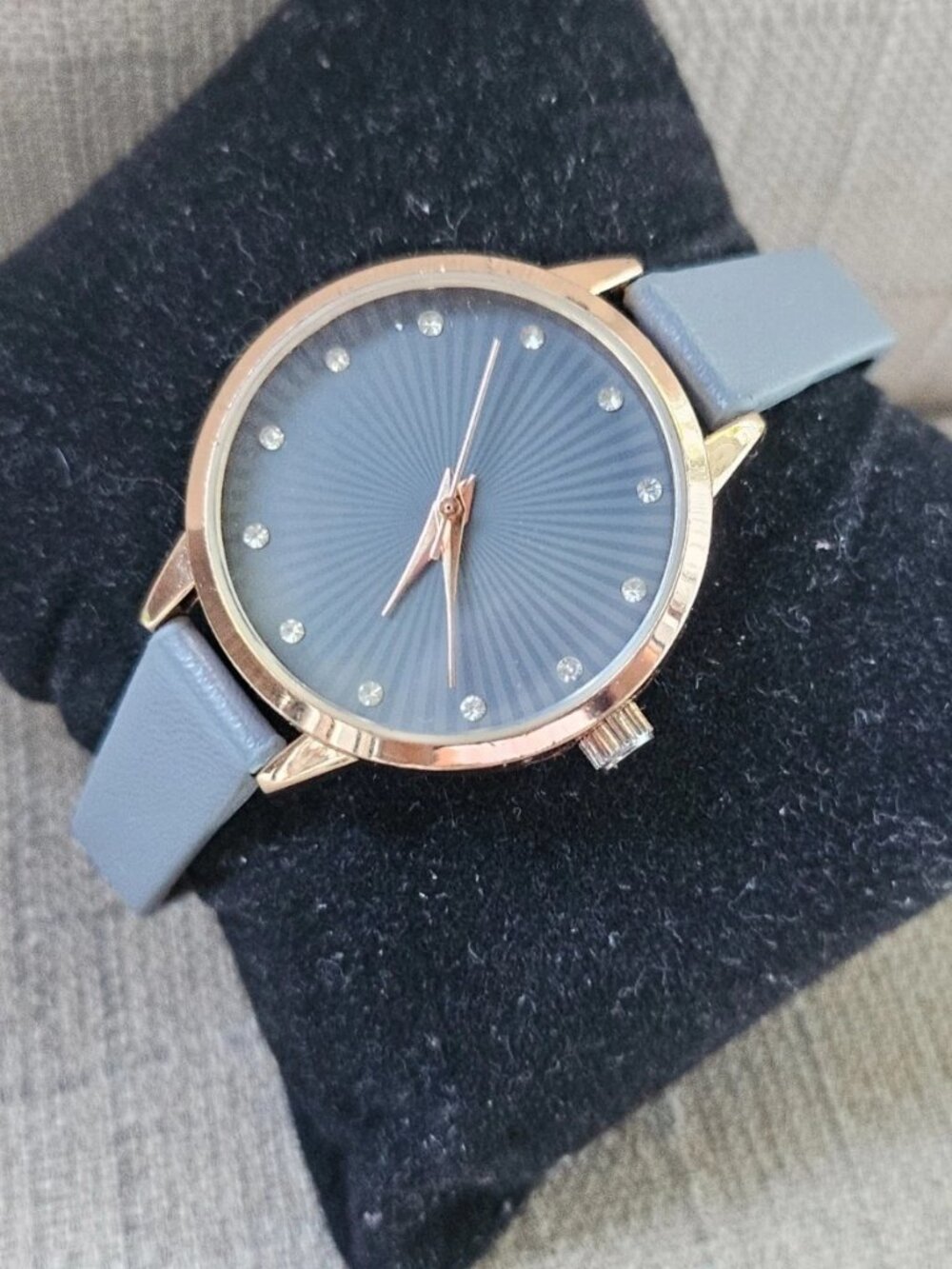 FMD Ladies Wristwatch Gray Faux Leather Vegan Strap Gold Tone Case Watch